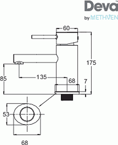 Technical image of Deva Funky Mono Basin Mixer Tap With Press Top Waste (Chrome).