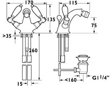 Technical image of Deva Georgian Mono Bidet Mixer Tap With Pop Up Waste (Gold).