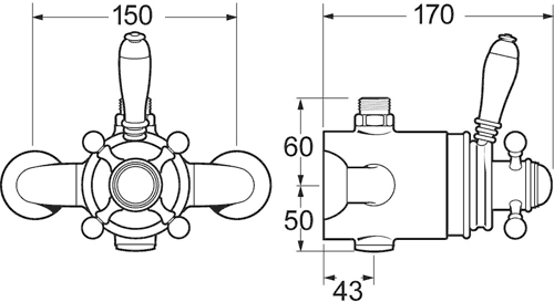 Technical image of Deva Georgian TMV2 Thermostatic Exposed Shower Valve (Chrome).