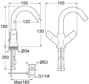 Technical image of Deva Ikon Mono Basin Mixer Tap With Swivel Spout And Pop Up Waste.