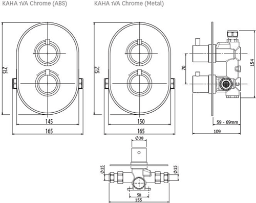 Technical image of Methven Kaha Concealed Thermostatic Mixer Shower Valve (ABS, 1 Outlet).