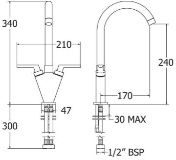 Technical image of Deva Lever Action Kitchen Tap With Swivel Spout (Chrome).