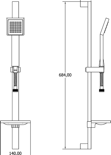 Technical image of Deva Shower Kits Modern Slide Rail Kit With Square Handset & Hose (Chrome).