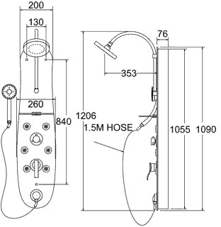 Technical image of Deva Shower Panels Manual 6 Jet Glass Shower Panel.