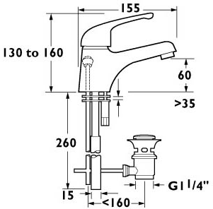 Technical image of Deva Revelle Mono Basin Mixer Tap With Side Pop Up Waste (Gold).