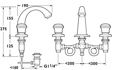 Technical image of Deva Senate 3 Hole Basin Mixer Tap With Pop Up Waste (Chrome And Gold).