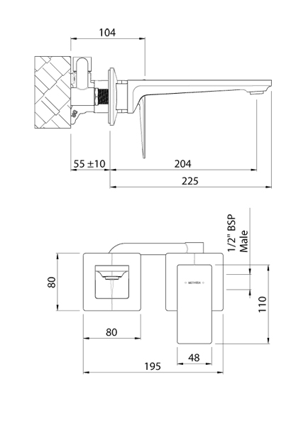 Technical image of Methven Surface Wall Mounted Basin Or Bath Mixer Tap (Chrome).