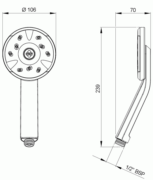 Technical image of Methven Kiri Satinjet Low Flow Shower Handset  (Chrome & Graphite).