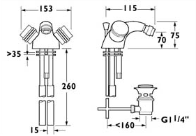 Technical image of Deva Solerno Mono Bidet Mixer Tap With Pop Up Waste.