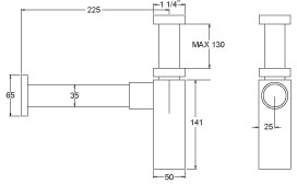 Technical image of Deva Wastes 1 1/4" Square Bottle Trap And 225mm Extension Tube.