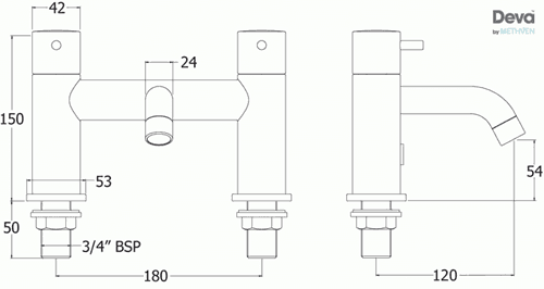 Technical image of Deva Tease Basin & Bath Filler Tap Set (Chrome).