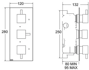 Technical image of Deva TMV2 1/2" Triple Concealed Thermostatic Shower Valve (Chrome).