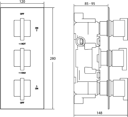 Technical image of Deva DTV3 Thermostatic TMV2 1/2" Triple Concealed Shower Valve (Chrome).