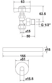 Technical image of TR Rads Short Traditional Angled Rad Valves & Trim (Pair).