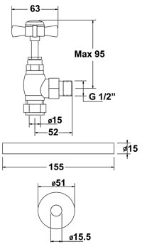 Technical image of TR Rads Tall Traditional Angled Rad Valves & Trim. (Pair)