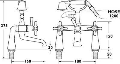 Technical image of Deva Regency Bath Shower Mixer Tap With Shower Kit (Chrome).