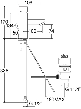 Technical image of Deva Zonos Mono Basin Mixer Tap With Pop Up Waste.