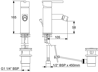 Technical image of Deva Zonos Mono Bidet Mixer Tap With Pop Up Waste.