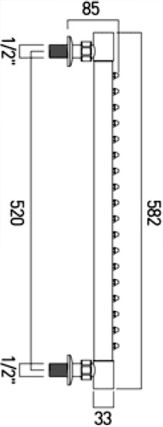 Technical image of Vado Shower 2 x 15 Jet Round Rainbars With Easy Clean Nozzles (Chrome).