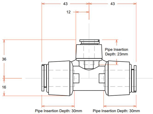 Technical image of FloFit+ 5 x Push Fit Reducing Tees (15mm / 15mm / 10mm).