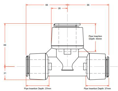 Technical image of FloFit+ Push Fit Reducing Tee (22mm / 22mm / 28mm).