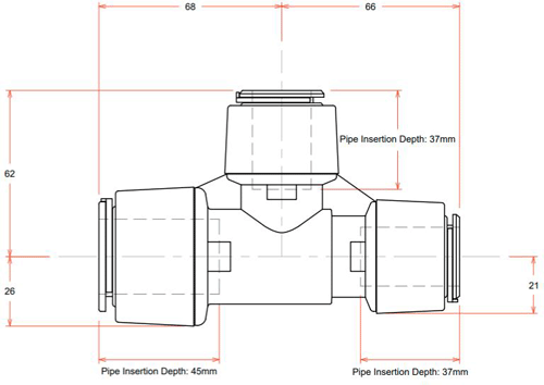 Technical image of FloFit+ Push Fit Reducing Tee (28mm / 22mm / 22mm).