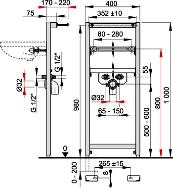 Technical image of Pegler Frames Frame For Wall Hung Basin (1000x400mm).