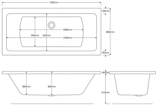 Technical image of Hydracast Solarna Double Ended Bath (1700x800mm).