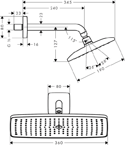 Technical image of Hansgrohe Raindance E 360 1 Jet Shower Head & Arm (Polish Black Chrome).