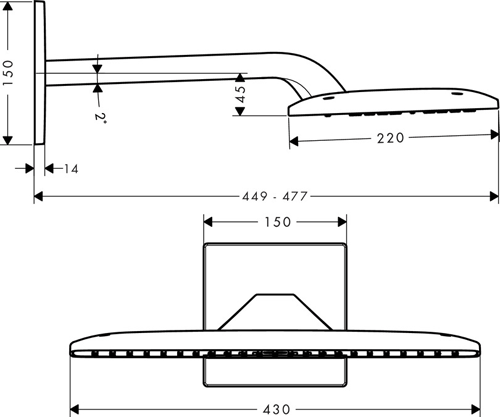 Technical image of Hansgrohe Raindance E 430 2 Jet Shower Head With Arm (430x220mm, Chrome).