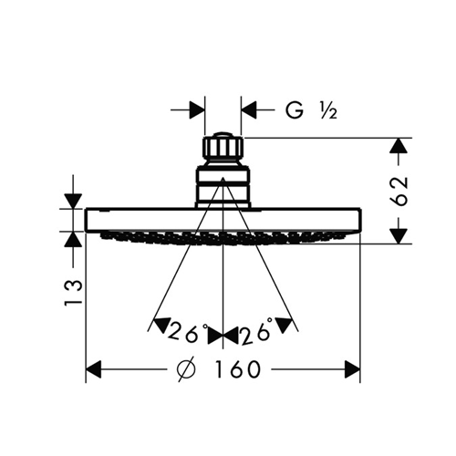 Technical image of Hansgrohe Croma 160 1 Jet Shower Head (160mm, Chrome).