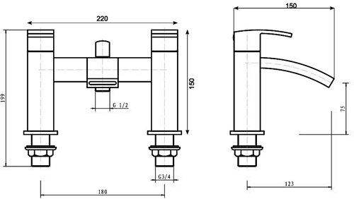 Technical image of Hydra Asti Waterfall Basin & Bath Shower Mixer Tap Set (Chrome).