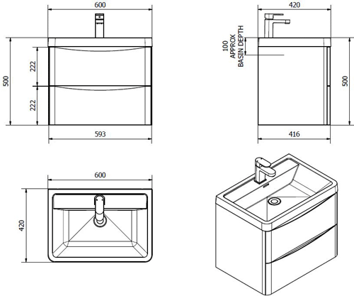 Technical image of Italia Furniture Bali Bathroom Furniture Pack 11 (White Ash).