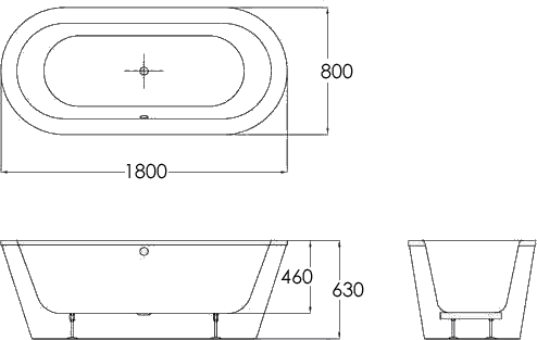 Technical image of Hydra Freestanding Bath With Surround Panel.  Size 1800x800x630mm.