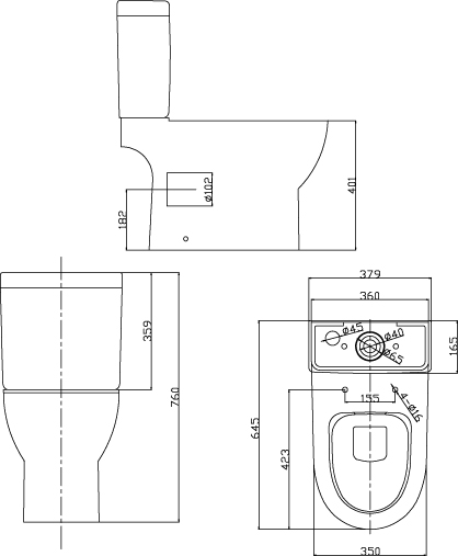 Technical image of Oxford Unison Breeze Rimless Toilet Pan With Cistern & Soft Close Seat.