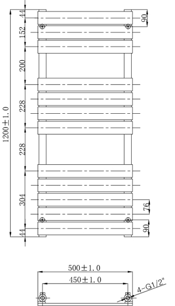 Technical image of Oxford Swift Heated Towel Radiator 1200x500mm (Chrome).