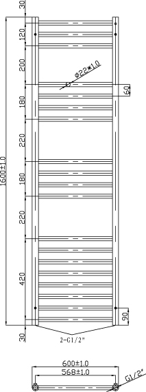 Technical image of Oxford Luxe Towel Radiator 1600x600mm (Stainless Steel).