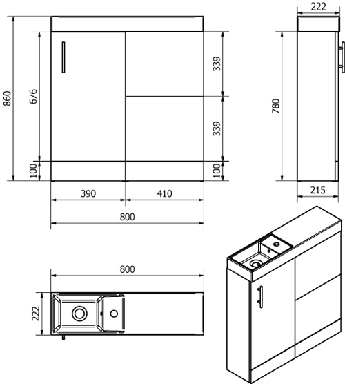 Technical image of Italia Furniture Cube Plus Pack With Black Ash Vanity, BTW Unit & Basin (LH).