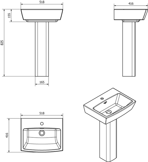 Technical image of Oxford Daisy Lou Suite With Flush To Wall Toilet, Seat, Basin & Full Pedestal.