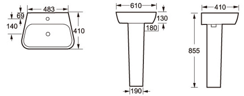 Technical image of Oxford Dearne Basin & Pedestal (1 Tap Hole).