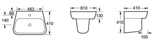 Technical image of Oxford Dearne Bathroom Suite With Wall Hung Pan, Basin & Semi Pedestal.