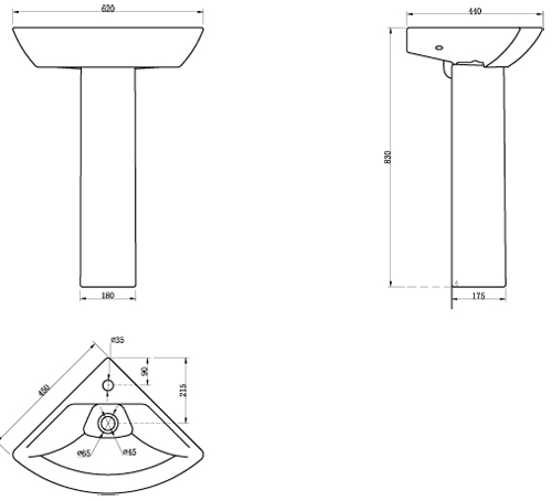 Technical image of Oxford Fair Bathroom Suite, Toilet, Wrapover Seat, Corner Basin & Pedestal.