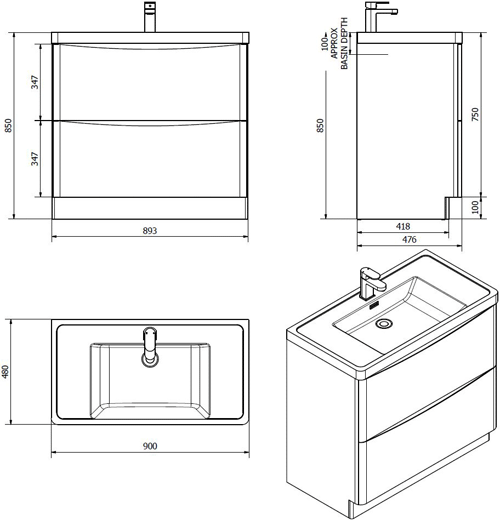 Technical image of Italia Furniture 900mm Vanity Unit With Basin (Chestnut).