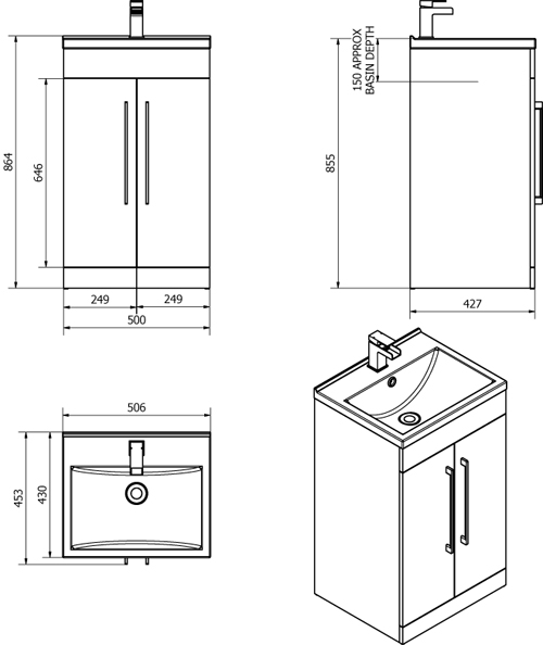 Technical image of Italia Furniture 500mm Vanity Unit With White Basin (Black).