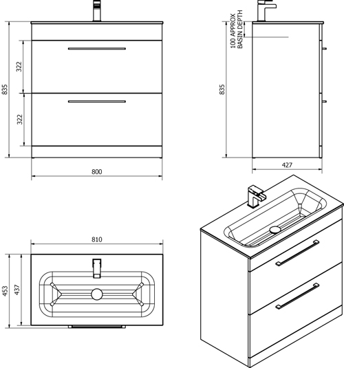 Technical image of Italia Furniture 800mm Vanity Unit With Drawers & Black Glass Basin (Black).