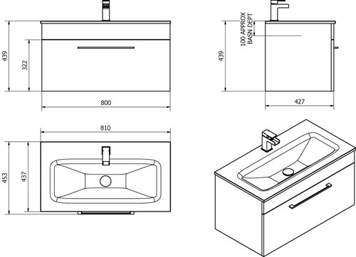 Technical image of Italia Furniture 800mm Vanity Unit With Drawer & Black Glass Basin (Grey).