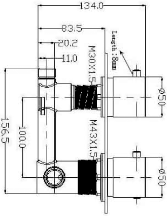 Technical image of Hydra Showers Twin Thermostatic Shower Valve, Ceiling Arm & Square Head.