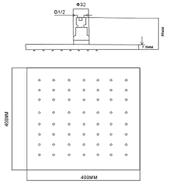 Technical image of Hydra Showers Extra Large Square Shower Head & Arm (400mm x 400mm).