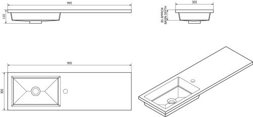 Technical image of Italia Furniture Slimline Pack With Black Ash Vanity, BTW Unit & Basin (LH).