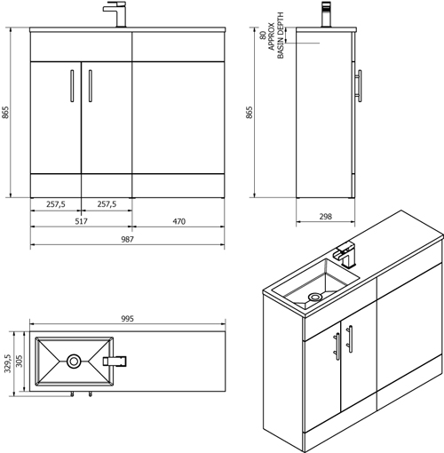 Technical image of Italia Furniture Slimline Pack With White Vanity, BTW Unit & Basin (RH).